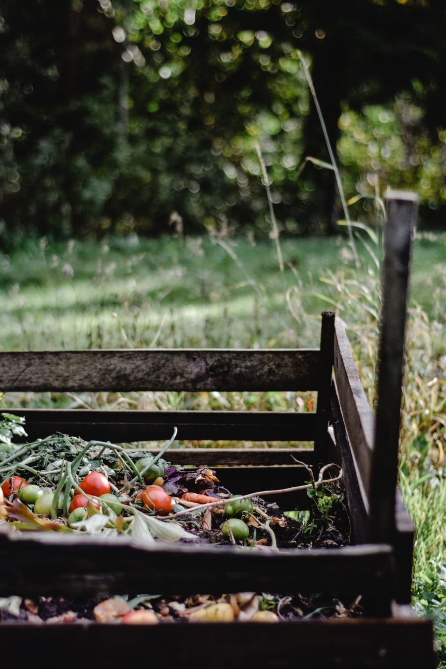 Wooden compost bin filled with kitchen and garden scraps, including tomatoes and carrots